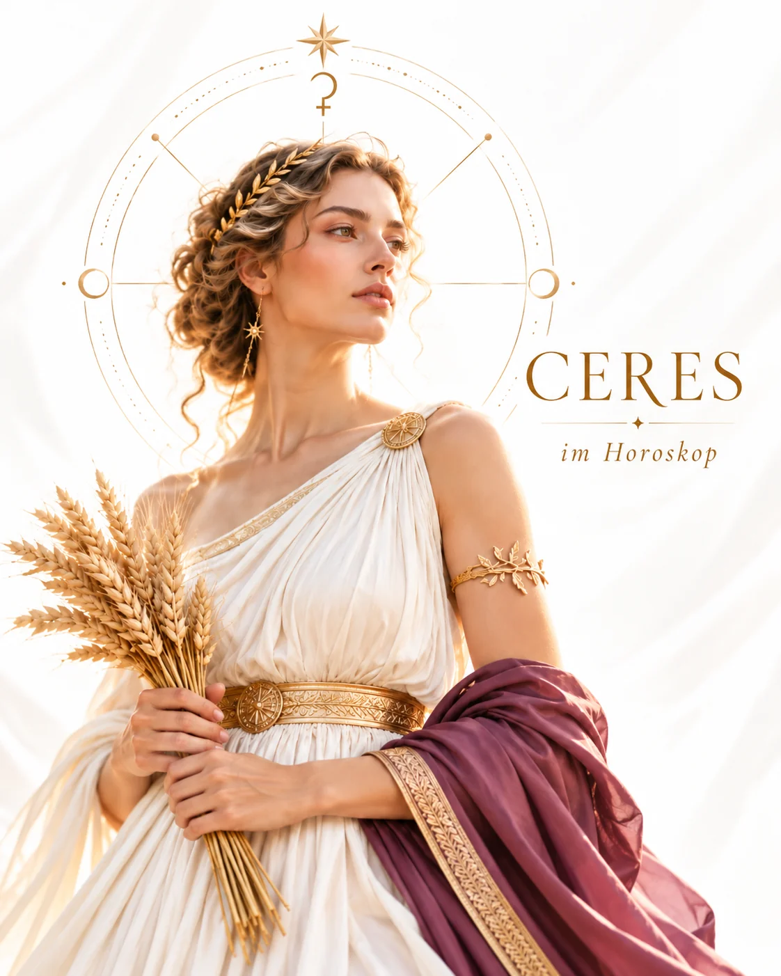 Ceres als mythologische Frauengestalt mit Weizenähren und goldenen Details