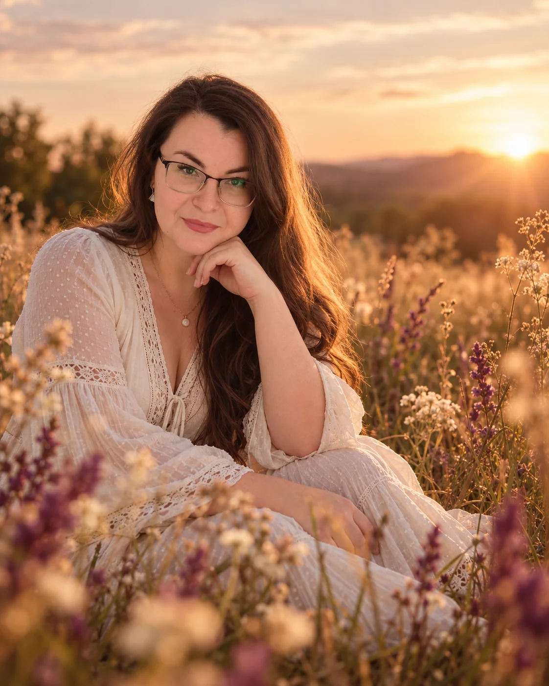 Helena Pris in einer blühenden Wiese bei Sonnenuntergang